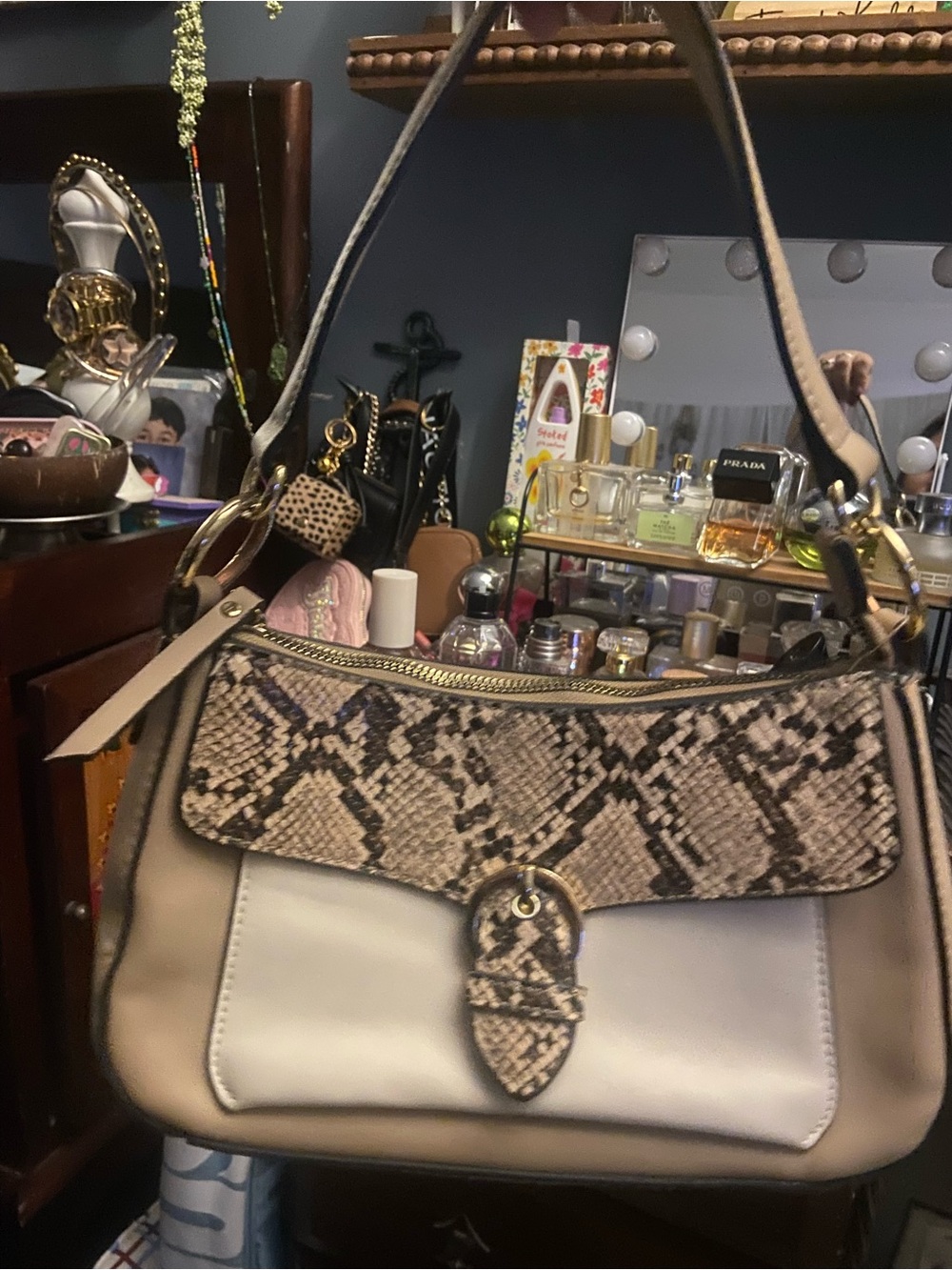Nanette Lepore Beige and Snakeskin-Accent Shoulder Bag